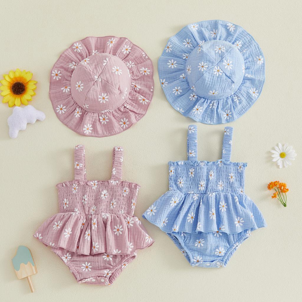 Citgeett Summer Infant Baby Girls Bodysuit Dress Casual Daisy Print Sleeveless Jumpsuit Cute Sun Hat Clothes Set