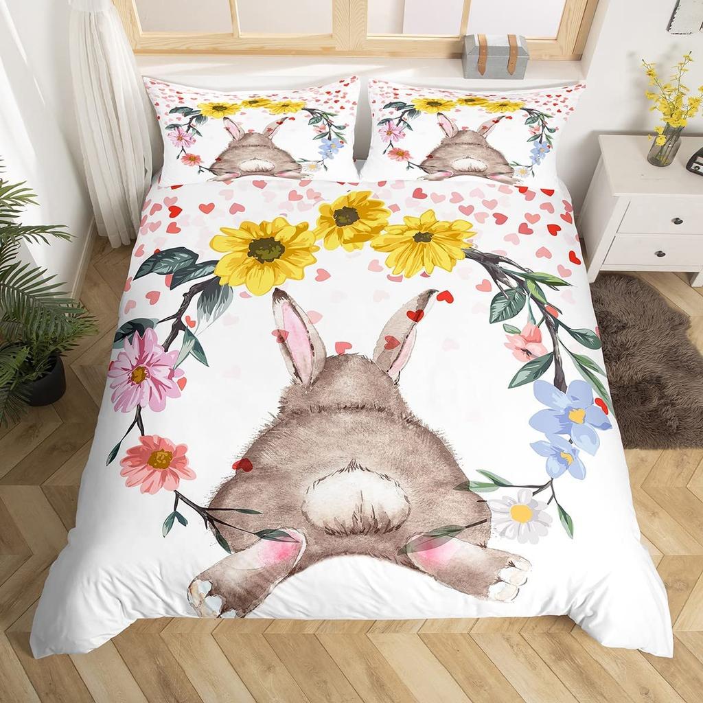 Rabbit Duvet Cover Set Polyester Comforter Cover Twin Size,Pink Floral For Girls Women Cute Bunny Bedding Set With Pillowcase