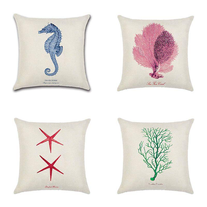 Premium Quality Flax Throw Pillow Case With Marine Organism Patterns For Home Decor