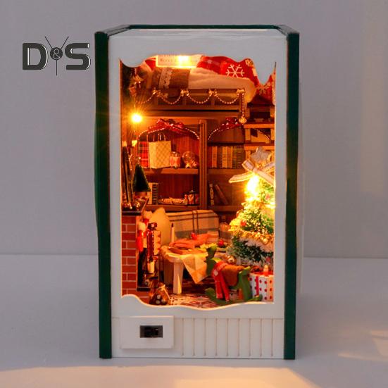 Kit de mini maison à thème de Noël à faire soi-même avec meubles lumineux à LED pour enfants et adultes, petite maison faite à la main, modèle de maison de poupée, serre-livres, étagère, décoration
