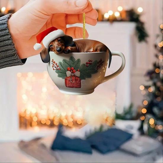 Dachshund Christmas Ornament Puppy In Mug Christmas Tree Ornament 2D Acrylic Dachshund Hanging Decor Gifts for Dog Lovers