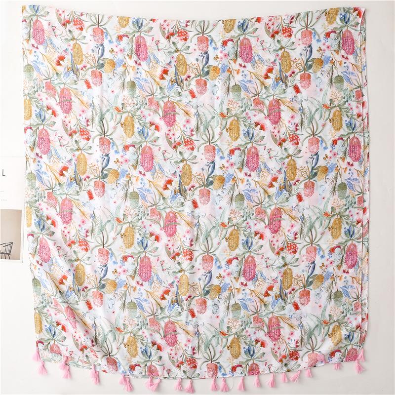 New Women Fashion Luxury Aztec Floral Tassel Viscose Scarf Lady Print Soft Shawls and Wraps Pashmina Muslim Hijab Snood 180*90Cm