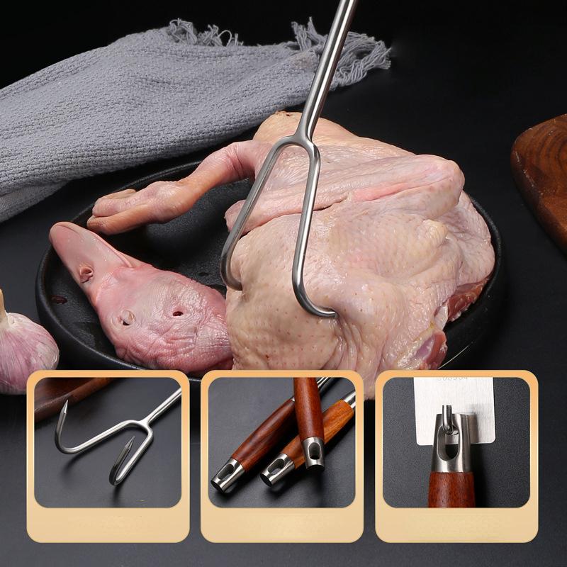 Fishing Meat Hook Stainless Steel Material Pear Wood Handle Hook Roast Bacon Roast Duck Marinated Meat Double Hook Meat Fork