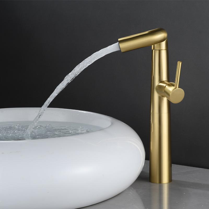 Creative Brushed Gold Bathroom Basin Faucet Brass Deck Mounted Single Hole Hot Cold Mixer Sink Tap Washbasin Crane Faucet