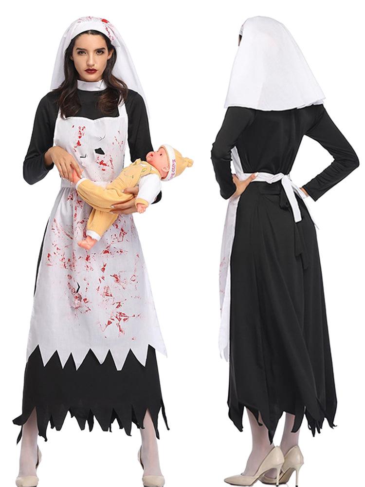 Halloween Nun Costume for Women Adult Role Play Outfit, Priest Cross Gothic Cosplay Dress, Anime Girl Party Fancy Dress