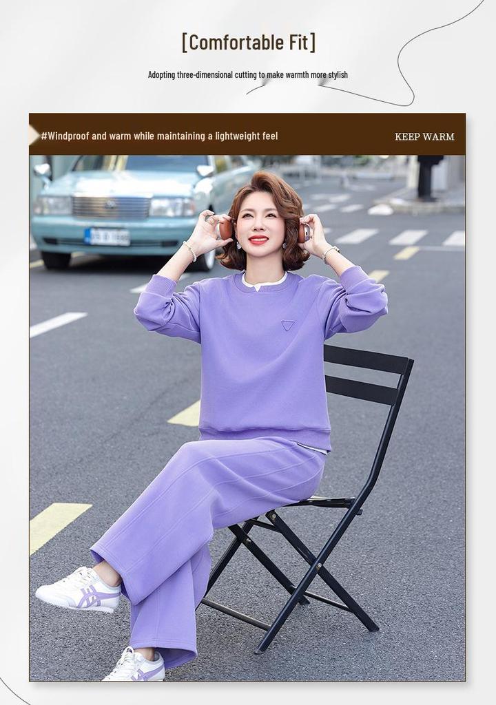 Mom's Stylish Spring Sports Set: Youthful Faux Two-Piece Hoodie & Wide-Leg Pants for Middle-Aged & Elderly Women, Loose Fit.