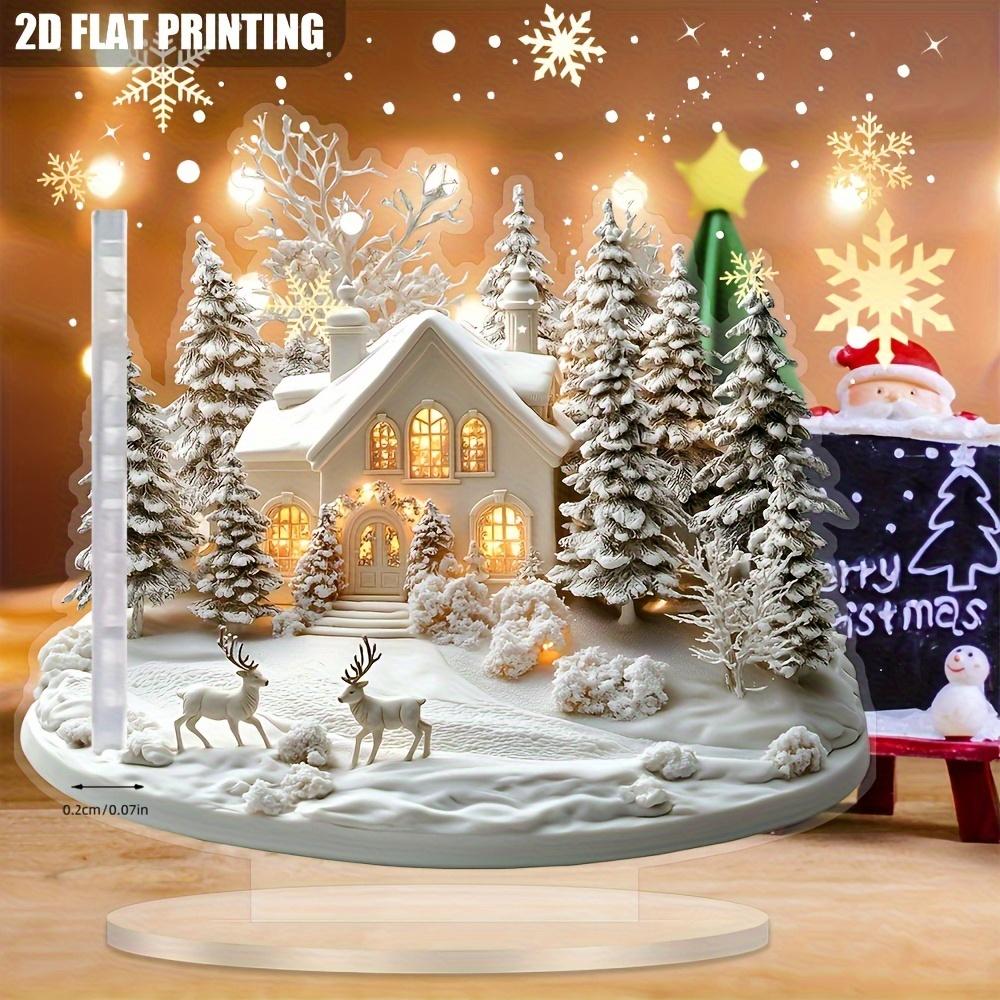 2D Flat, Snow House and Reindeer Scene Acrylic Desktop Decoration, Suitable for Wall Decoration, Porch, Room, Villa, Accents Home, Hallway, or Workpla