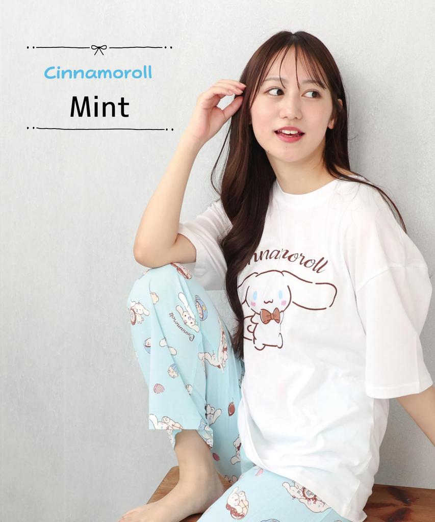 SAZAC Cinnamoroll Pajama Set for Cotton Short Long and Top x Women, Jersey, Sleeves, Pants, T-Shirt, (White Mint/L/SAN1806)
