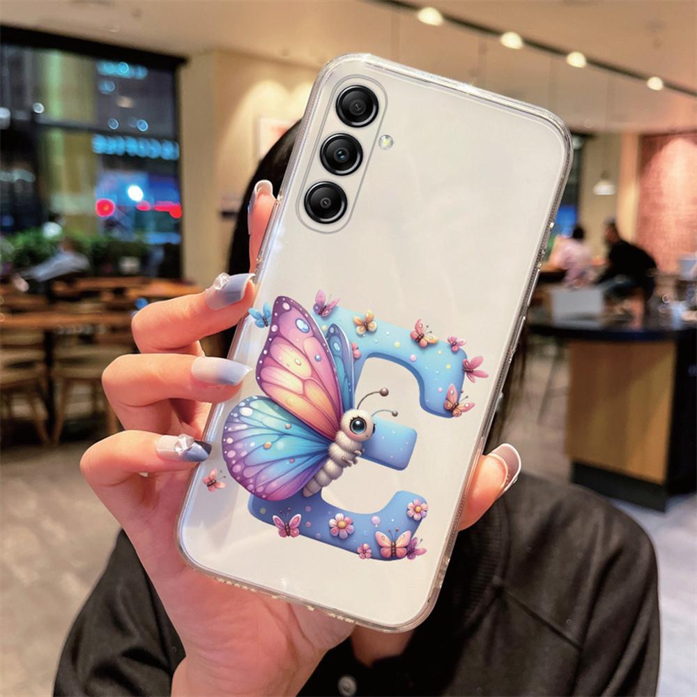 For Samsung Galaxy A54 A14 A34 A24 Blue Butterfly Flower Letters A-Z Couple Phone Case Transparent Clear Silicone Bumper Cover