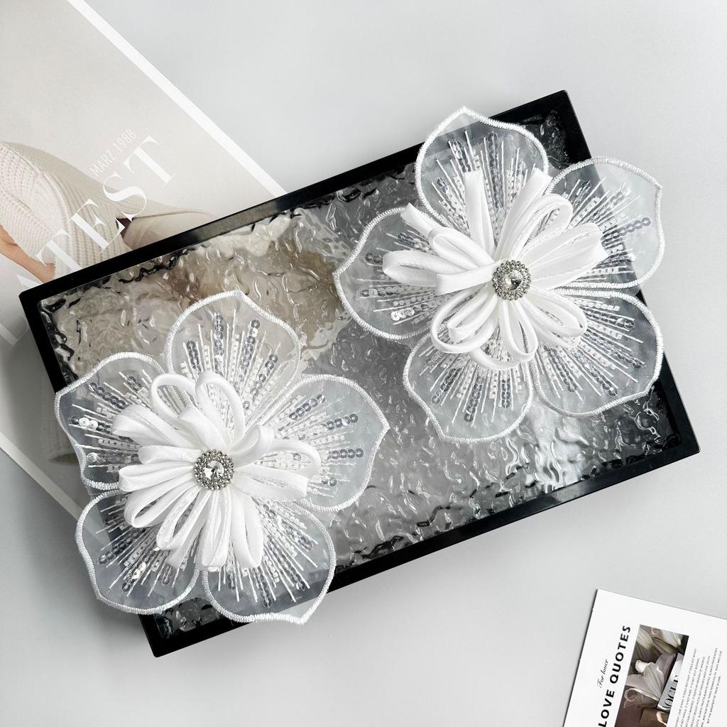 White Organza Beads Three-Dimensional Flower Clothing Hair Accessories Headgear Dress Wedding Dress Decoration Corsage Cloth Sticker Accessories