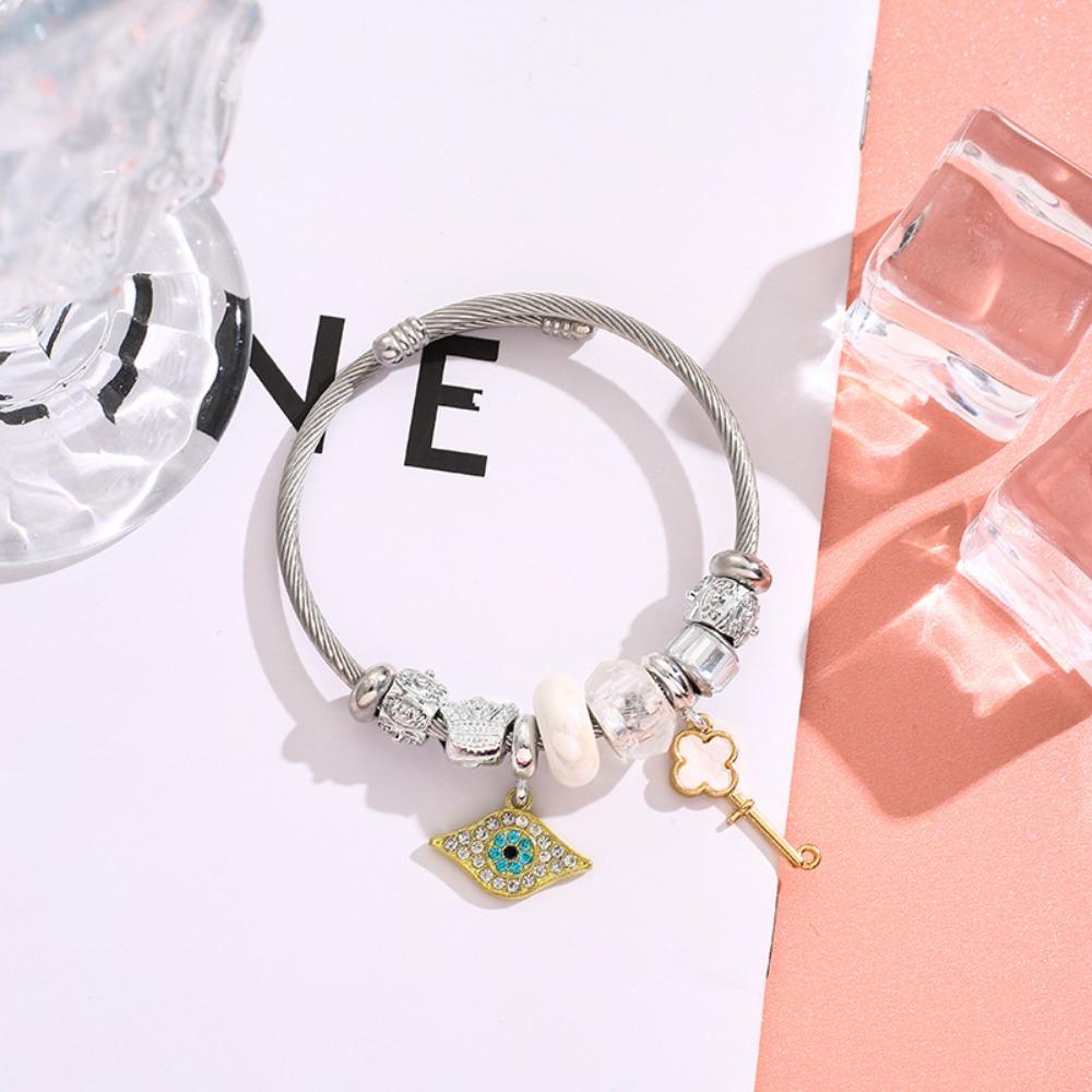 

DIY Stainless Steel Gold Bracelet with Diamond Evil Eye Key Pendant Crystal Beaded Chain for Women