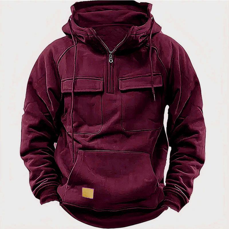 2025 Men's Autumn/Winter Hooded Solid Color Workwear Sweatshirt Jacket