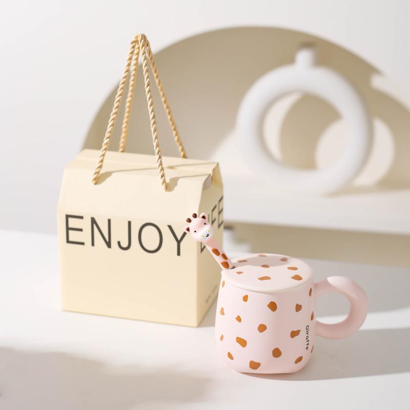Kreative Niedliche Keramiktasse mit Deckel und Löffel Kinder Trinkwasserbecher Paar Tasse Milch Kaffeetasse für Mädchen
