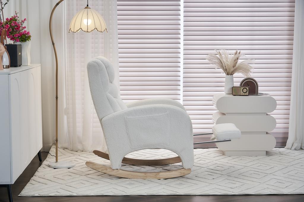 052 Rocking Chair, Recliner, Living Room Chair with Armrest, Upholstered, Accent Chair for Bedroom, White Teddy Fabric, 110 Kg Load Capacity