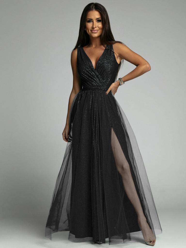 Europe and the United States Cross-border 2025 New Ma Xun Sexy V-neck Waist and Thin Split Fork Big Pendulum Shiny Dress Dress