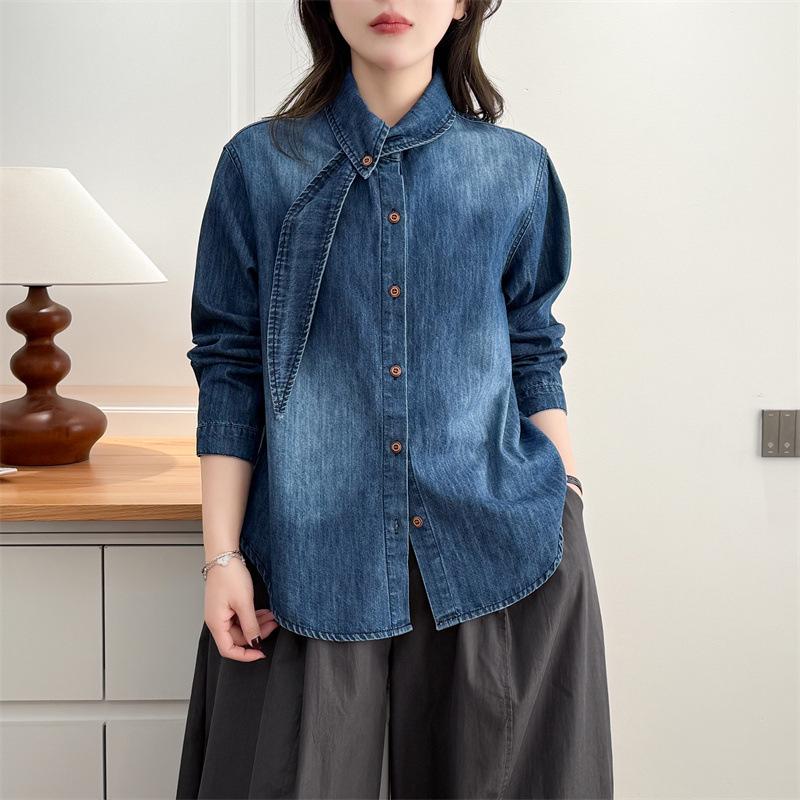 2026 Spring Plus Size Flowy Collar Denim Shirt for Women - Long Sleeve Slimming Jacket Fashion Top