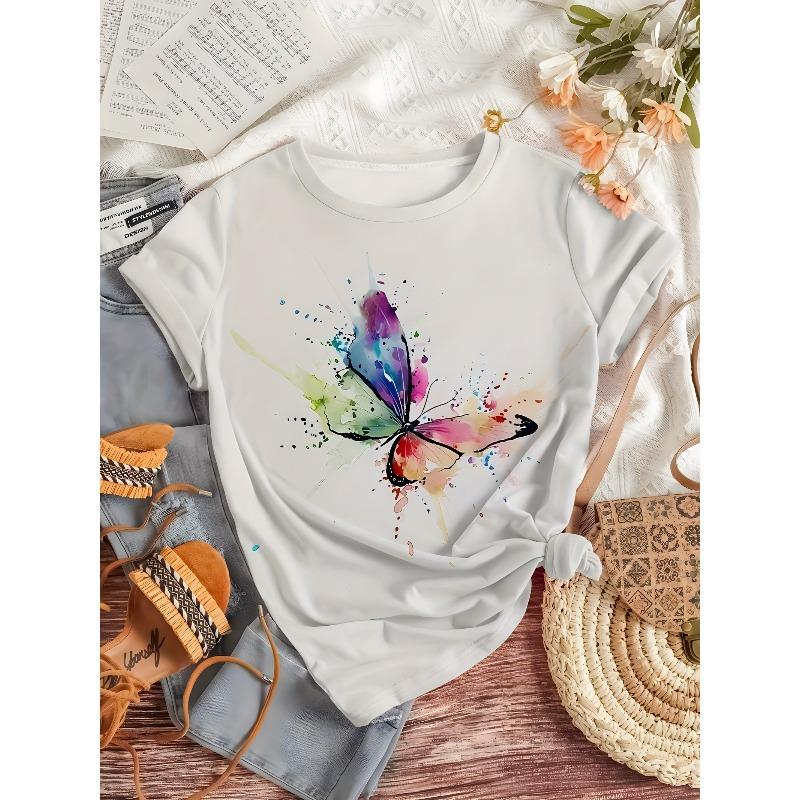 European Size White T-Shirt Featuring a Butterfly Print in Watercolor Style,Designed for Women As Casual Sportswear,a Summer Top with a Round Neckline