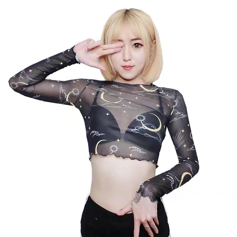 

Printed Mesh Moon Sheer T-Shirt Long Sleeve Sun Star Transparent Top Fashion Girl