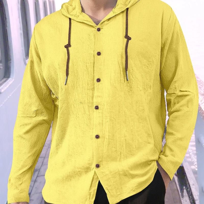 Spring and Summer Long Sleeve Men's Casual Shirt European Style Hooded Top Button Loose Shirt