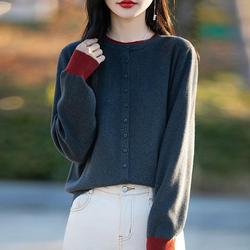 Autumn Color Matching Button Round Neck Fake Two-piece Knitted Sweater Cardigan Women's Jacket Thin Loose Literary Sweater