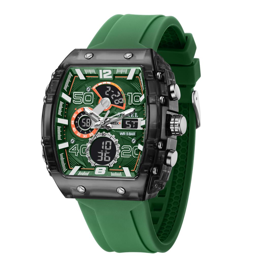 8109 New Men's Square Dual Display Sport Watch - 50M Waterproof Luminous Alarm Chrono Dual Time Multi-Color Silicone Strap