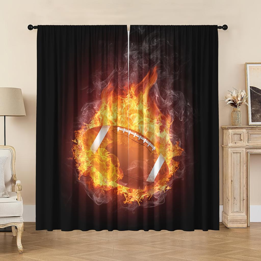 2 Panels Sports Curtains Rod Pocket Abstract Flame Basketball Theme Wall Decor Teens Bedroom Men Cool 3D Ball Art Printed Drapes