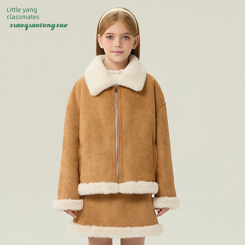 Children s Fur Coat 2025 Autumn and Winter New Style Fur and Leather Integrated Set for Girls, Medium and Large Children, Faux Mink Fur Coat Curry color 110