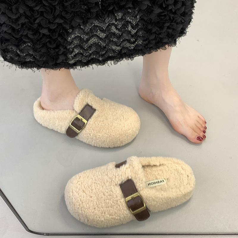 2025 Autumn and Winter New Velvet Boken Shoes Muller Drag Cotton Shoes Bag Head Warm Belt Buckle Flat Bottom Fluffy Slippers Women