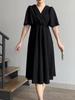 2025 Summer European & American Puff Sleeve V-Neck Waist-Gathering French Long Dress