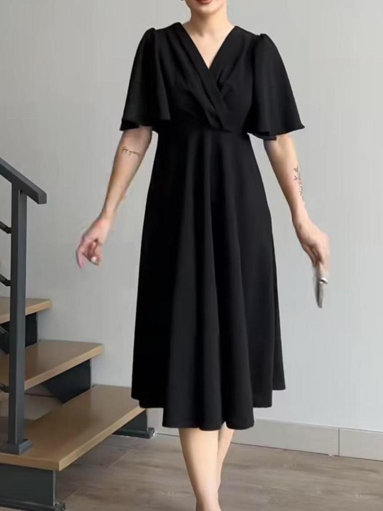 2025 Summer European & American Puff Sleeve V-Neck Waist-Gathering French Long Dress