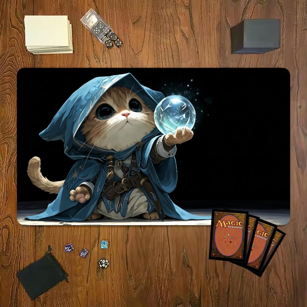 Cute Wizard Cat Crystal Ball Gaming Mouse Pad Playmat 24"X14" MTG TCG Office Desk Mat for Work Game PC Laptop Carpet MousePad
