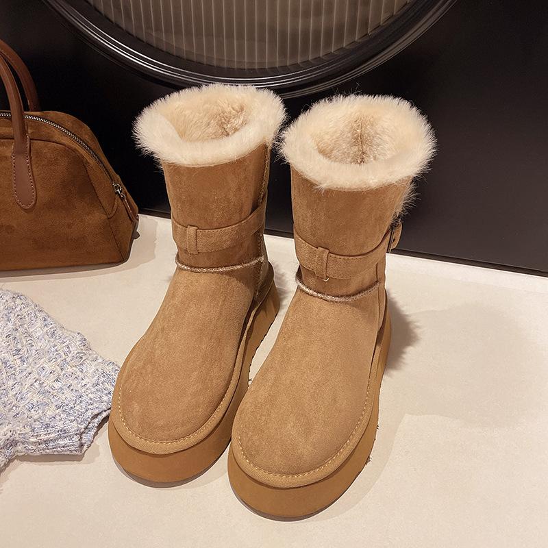 Trendy Buckle with Thick Sole To Increase the Height of Wool Flanged Warm Cotton Shoes Medium Long Short Boots Gray Snow Boots Women's Winter