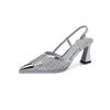 Fashion Hollow Cutout French Sexy Kitten Heel Breathable Sandals Metal Pointed Toe Shallow Mouth Woven One-Slip Strap High Heels