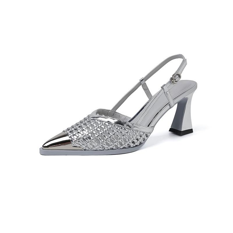 Fashion Hollow Cutout French Sexy Kitten Heel Breathable Sandals Metal Pointed Toe Shallow Mouth Woven One-Slip Strap High Heels