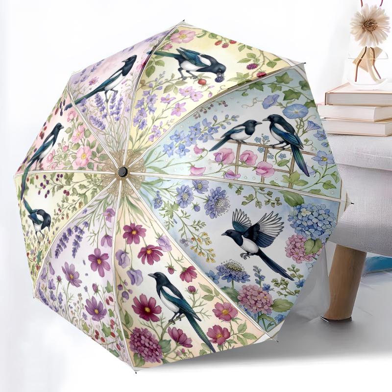 

1pc Sturdy 8-Bone Auto Umbrella, Beautiful Garden Birds Umbrella, Digital Printed, Foldable Umbrella for On-the-Go Outdoor Use