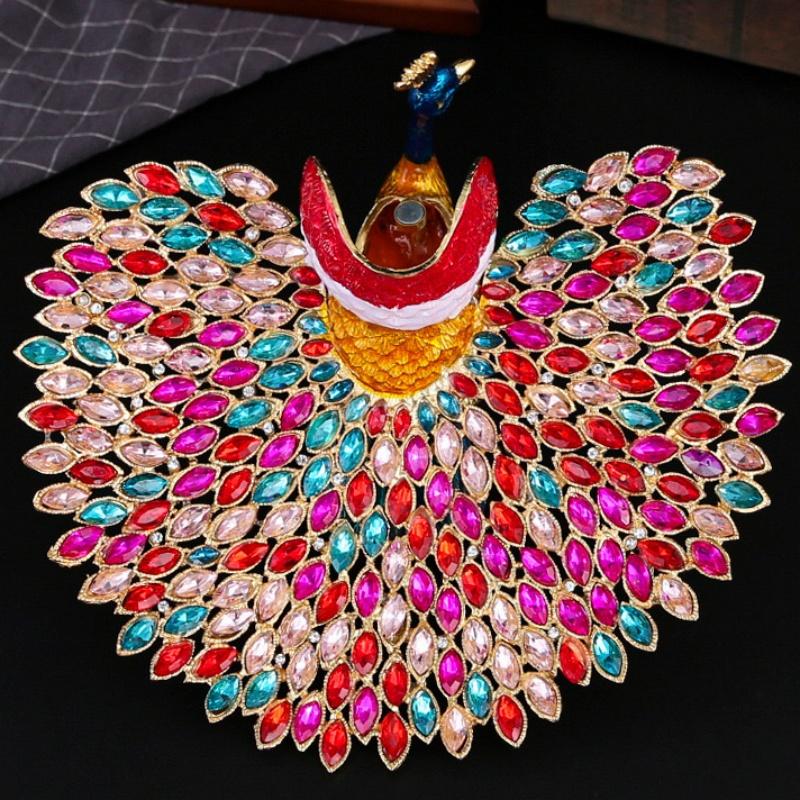 Peacock Shape Jewelry Storage Box Multicolor Inlaid Gem Organizer Exquisite Enameled Alloy Storage Jar Earrings Ring Unique Gift