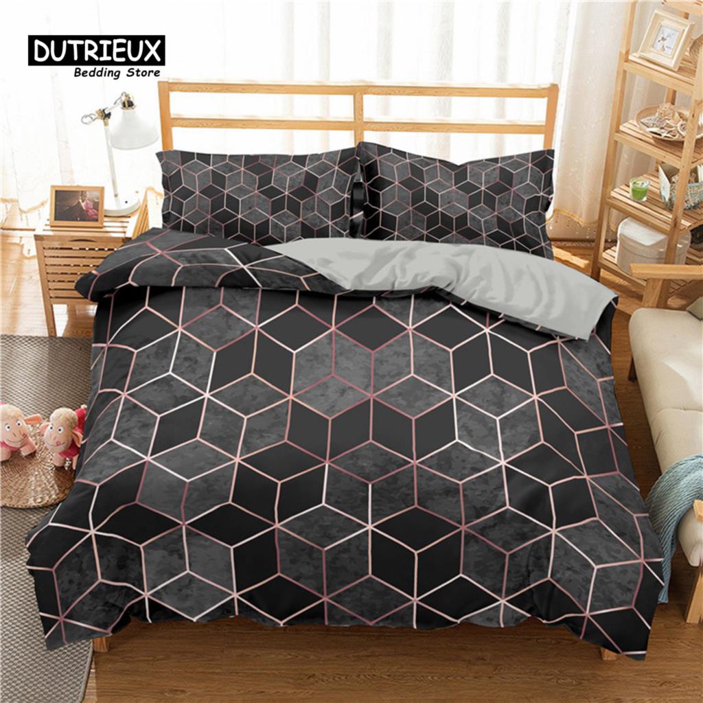 Geometric Bedding Set Microfiber Abstract Triangle Marble Pattern Print Duvet Cover With Pillowcases Teens Adults Bedroom Decor