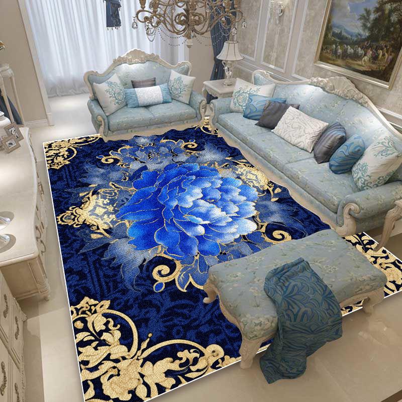 Blue Floral European Style Rugs Living Room Decoration Large Area Carpet Sofa Area Bedroom Cloakroom Non-slip Washable Floor Mat
