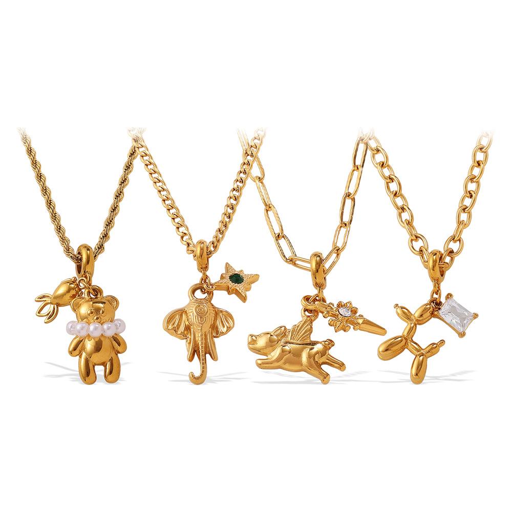 Fashion Light Luxury Bear Pearl DIY Pendant Necklace Stainless Steel Gold Plated Versatile Necklace