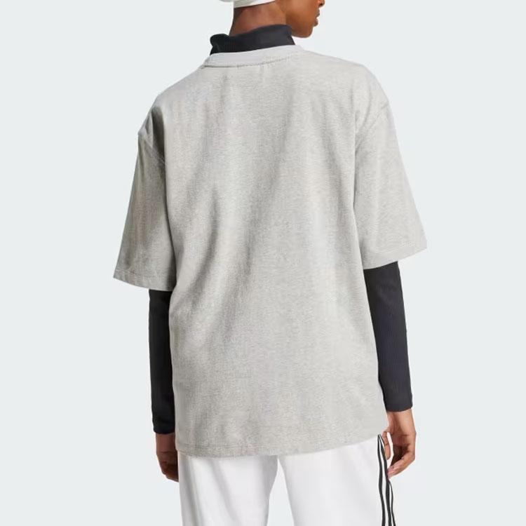 Adidas Originals Essential Logo Embroidered Ribbed Crew Neck Comfort Short Sleeve Drop Shoulder T-Shirt Women Tops Medium-Grey IY7324