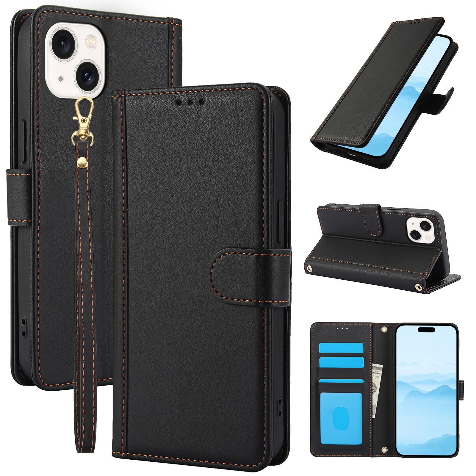 

SY-003 For iPhone 15 Case PU Leather Stand View Phone Wallet Cover with Hand Strap A