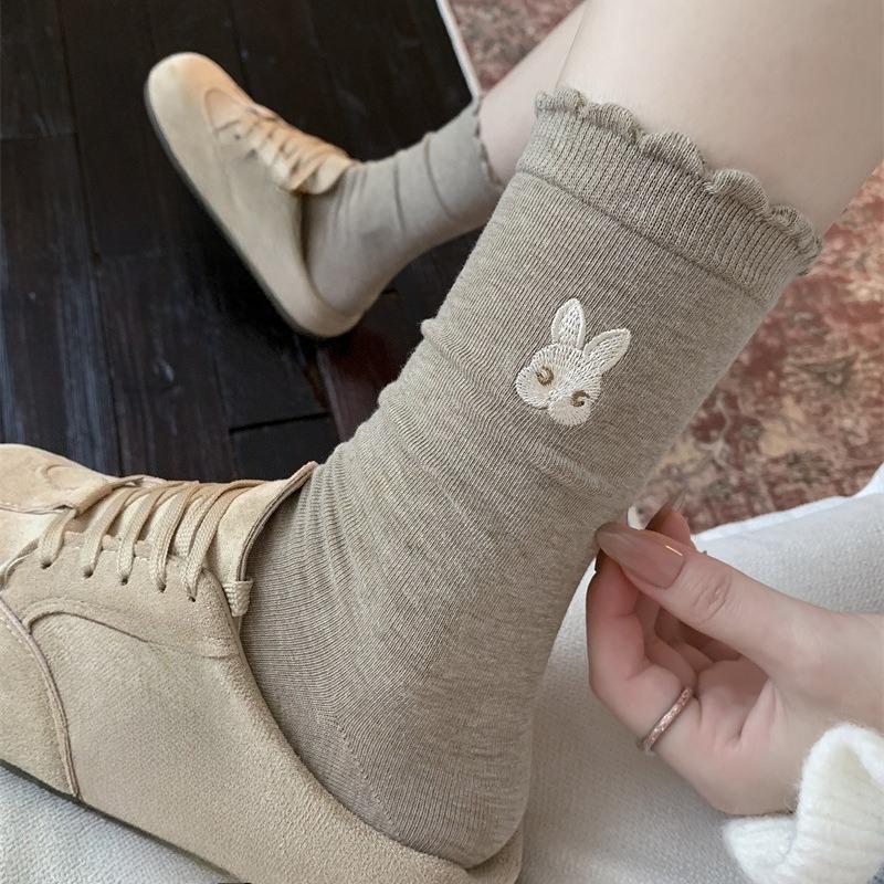 Cartoon Embroidered Socks, Girls' Lace, Cute Little Rabbit Socks, Pure Cotton Mid-calf Pile Socks