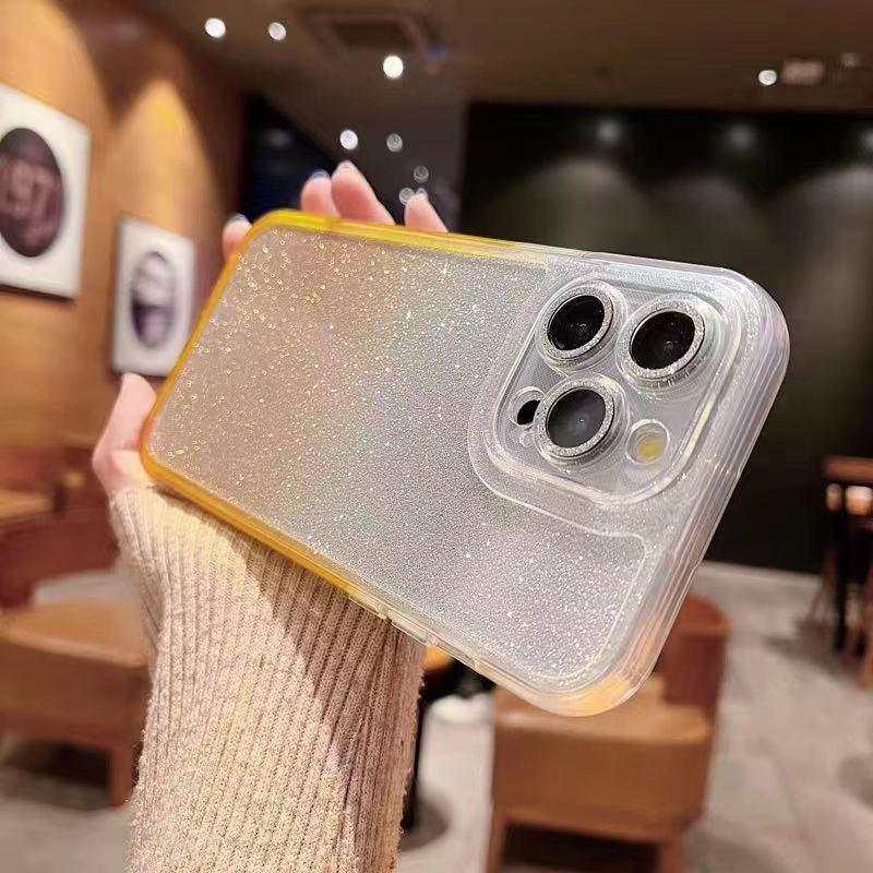 Luxury Gradient Color Glitter Paper 2-in-1 Case for iPhone 15 Pro Max 14 13 12 Pro 11 Full Cover with Glitter Lens Film Cover