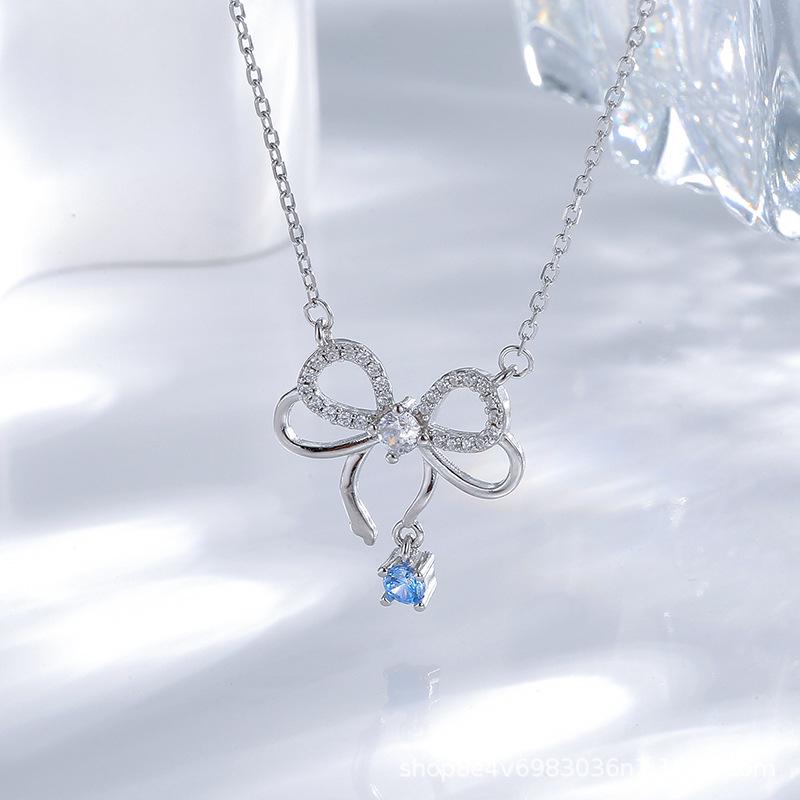 S925 Sterling Silver Aquamarine Zircon Bow Necklace for Women