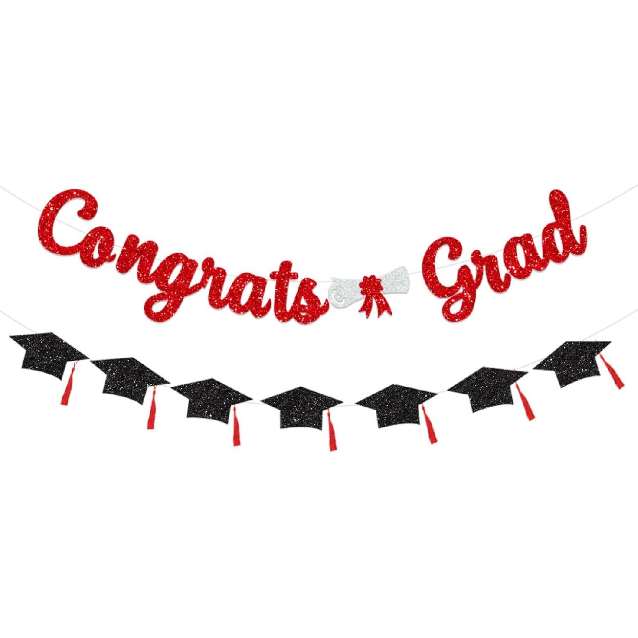 Glitter Red Congratulations Decorations Congrats Grad Banner Graduation Class of 2026 Graduation with Tassel Party Decor College High School Party