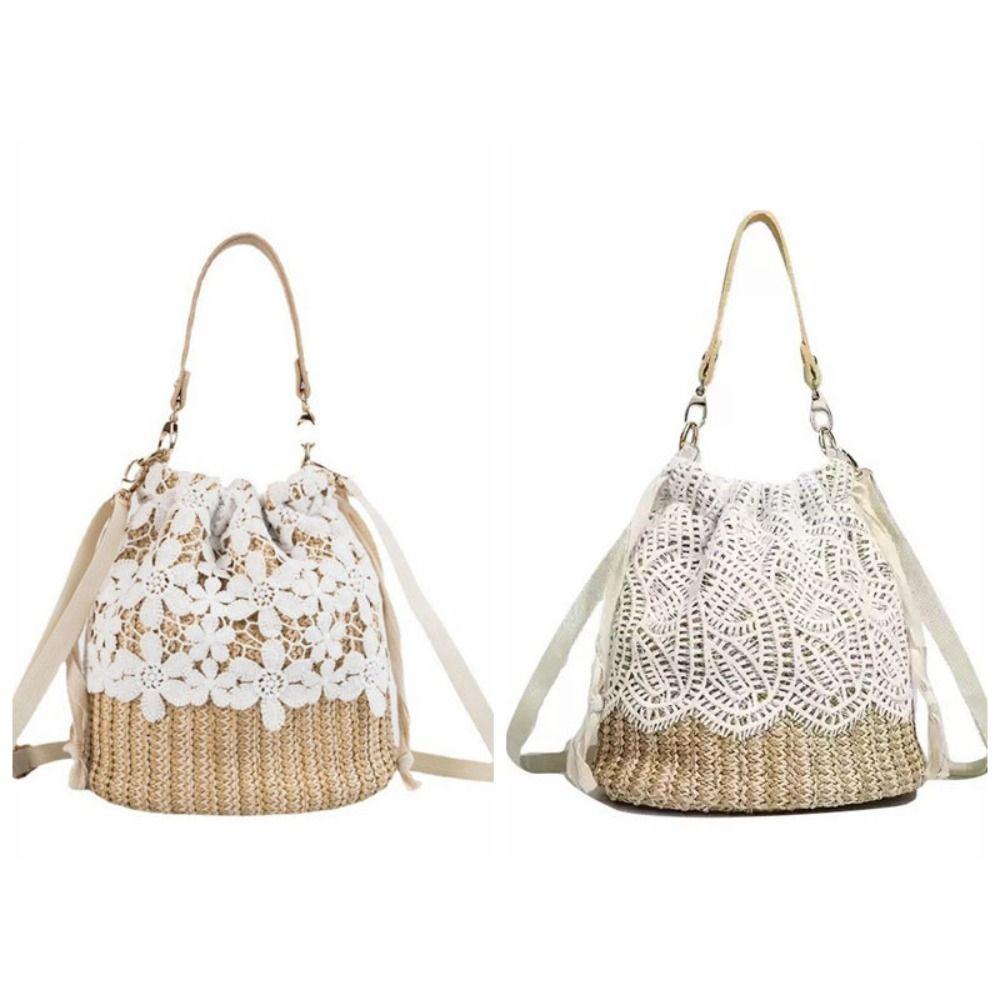 Casual Lace Straw Shoulder Bag Bohemian Hollow Weave Tote Bag Large Capacity Flower Beach Handbag Picnic