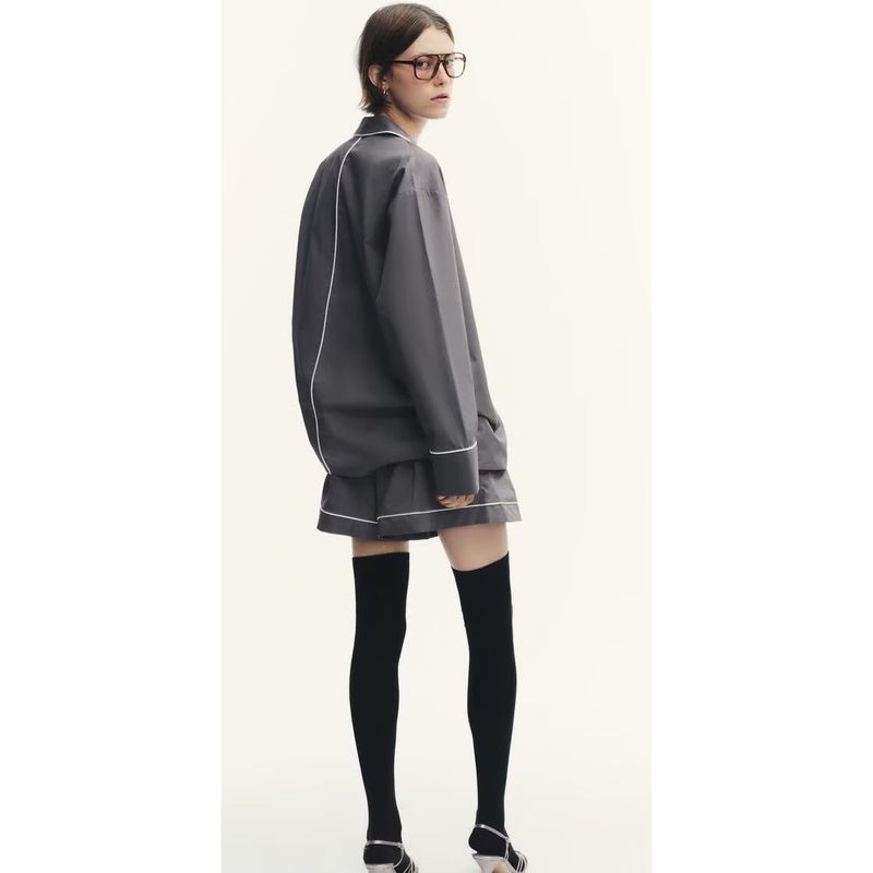 Zbzr Spring New Women Clothes Trim Poplin Lapel Long Sleeve Shirts Shorts Set 5063116 1255535