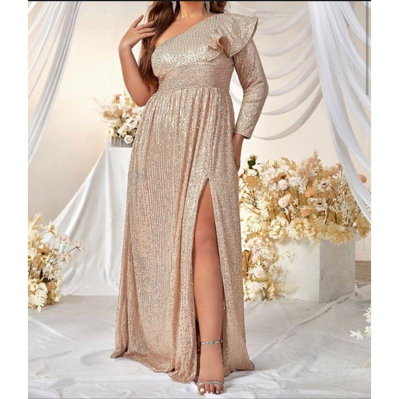 

Export Fashion One Shoulder Diagonal Collar Ruffles Long Sleeves Sexy Niche Style Banquet Party Glitter Adult Lady like Woman Dress Champagne M