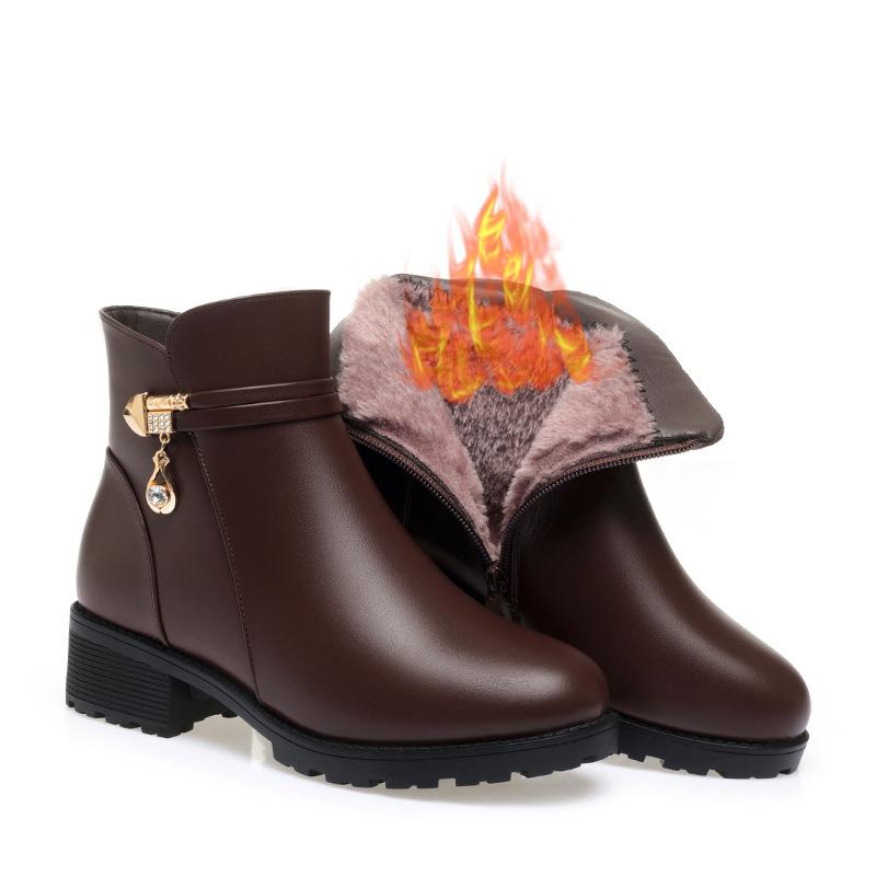 Herbst Neue Mode Damen Weiches Leder Stiefelette Hohe Absätze Reißverschluss Schuh Plüsch Samt Warmes Fell Winter Kurze Lederstiefel