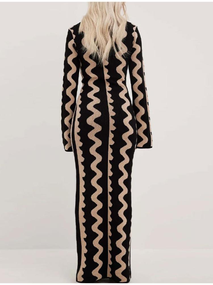 Frauen Gestreiftes Gestricktes Kleid Elegante Oansatz Flare Lange Hülse, Figurbetontes Kleid Damen Mode Streetwear Party Kleider